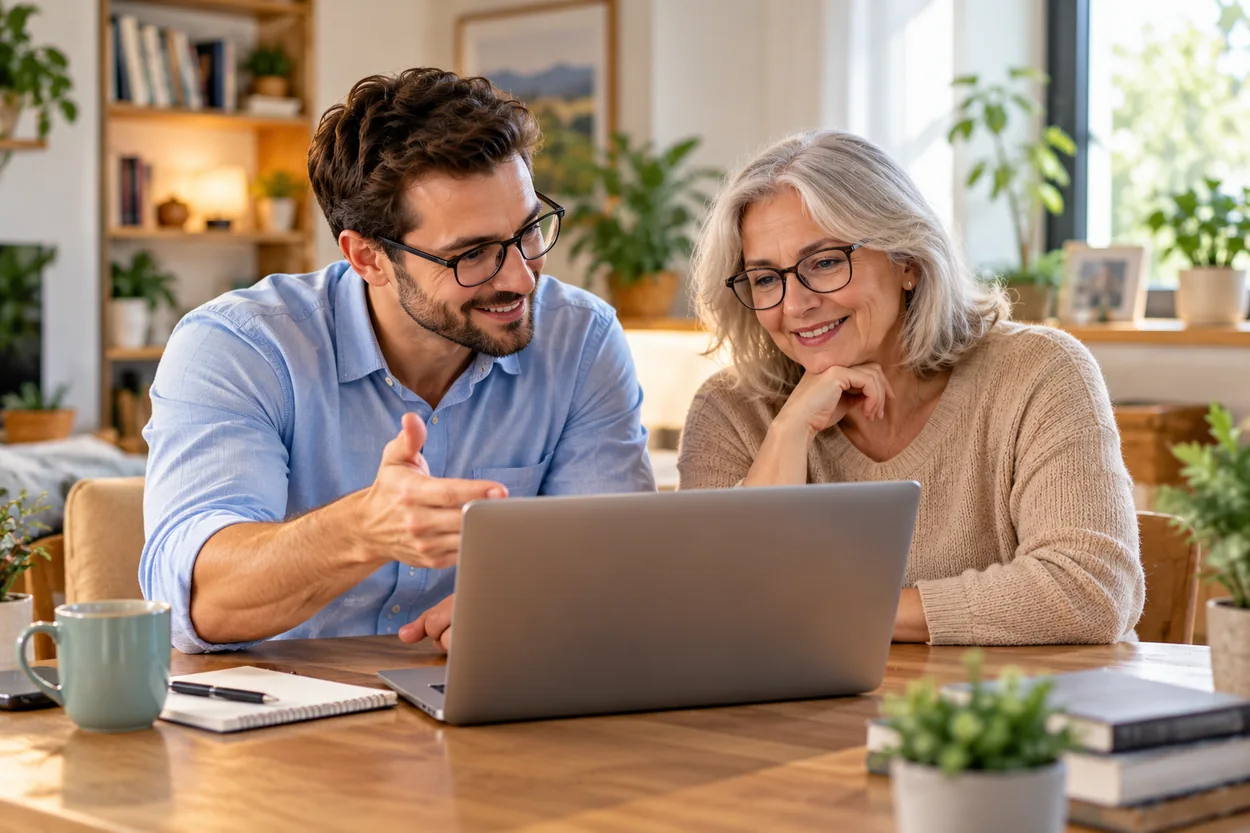 Friendly male instructor helping a mature woman learn with a laptop